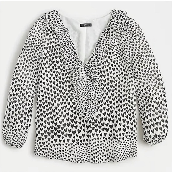 J. Crew Ruffle Heart Print Chiffon Blouse White Black S - Picture 1 of 10